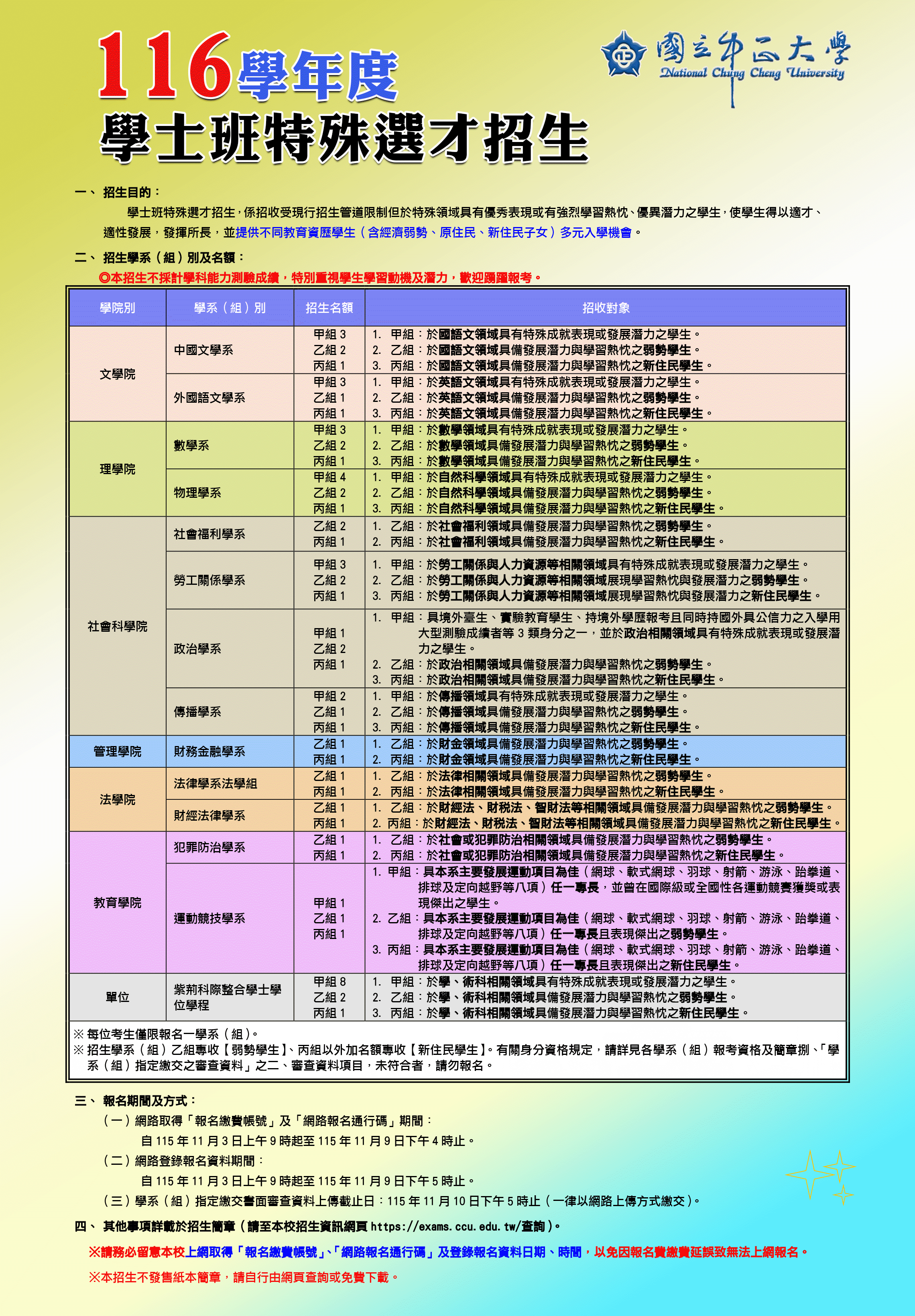 中正大學116學年度學士班特殊選才-含新住民入學-招生相關資訊海報